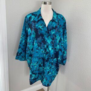 Catherines Womens Plus 3X Blouse Leaf Floral Print Roll Tab Sleeve Shirt Top